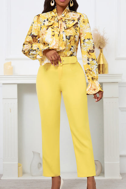 Floral Printing Blouse Solid Color Pants Set