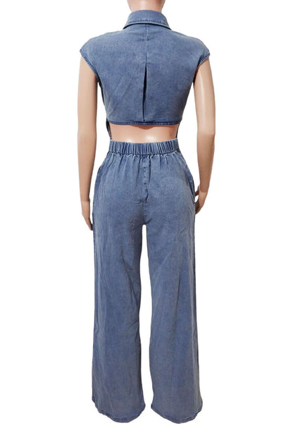 Back Cut Out Denim Jumpsuit