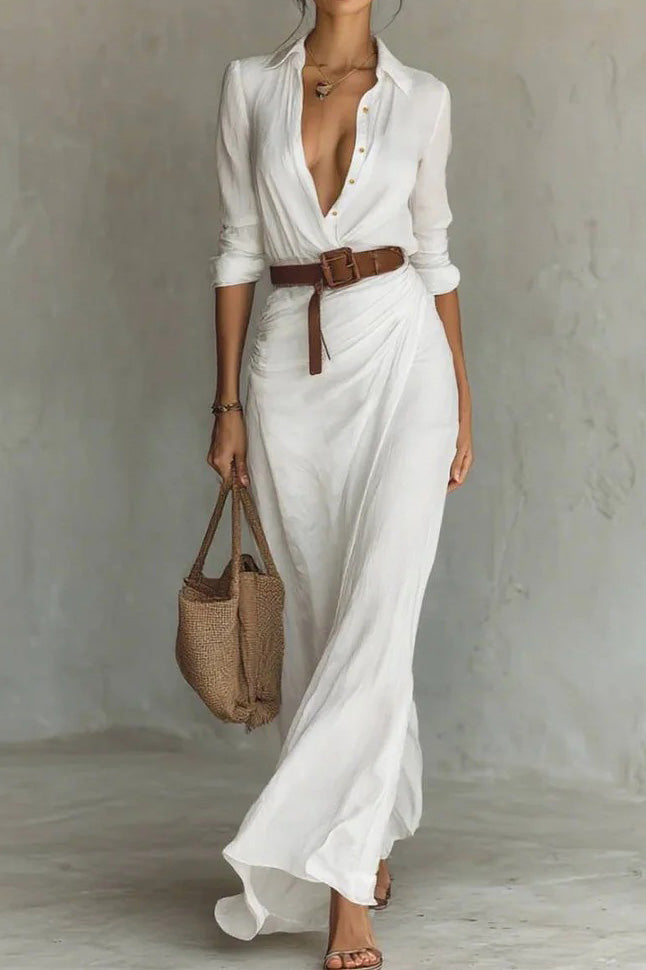 Lapel Buttoned Waist Maxi Dress