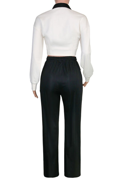 Contrast-Stripe Zip Jacket & Wide-Leg Pants Set