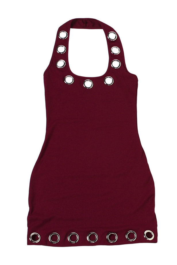 Eyelet Halter Backless Mini Dress