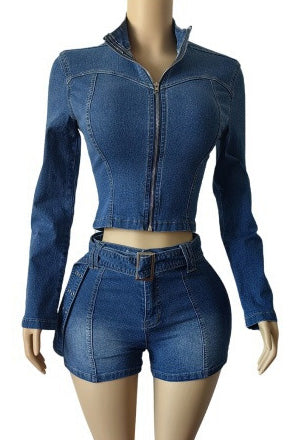 Washed Denim Zip Up Top & Shorts Set