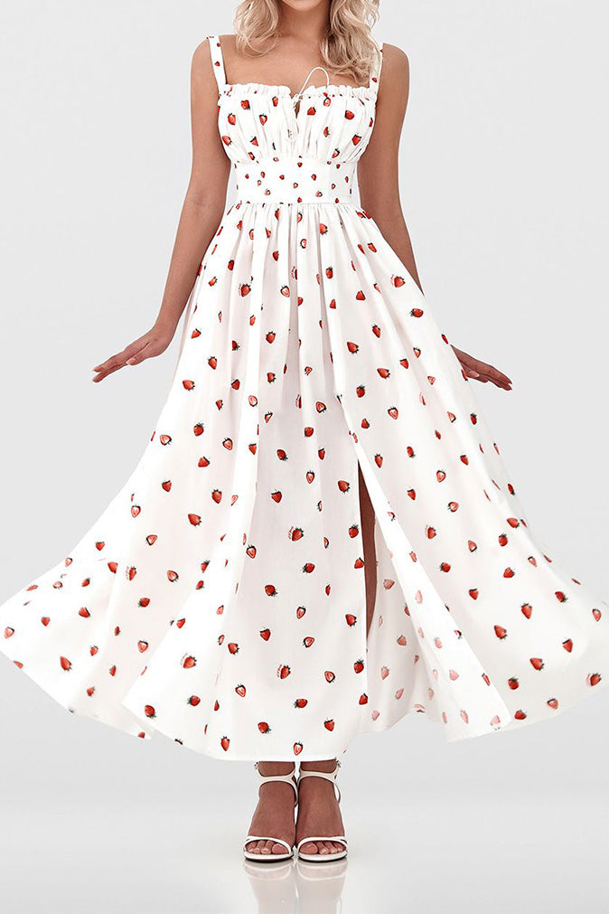 Low-Cut Tie Front High-Waist Split Floral Dress