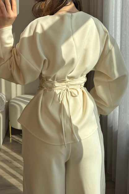 Tie-Waist Peplum Blouse & Trouser Set