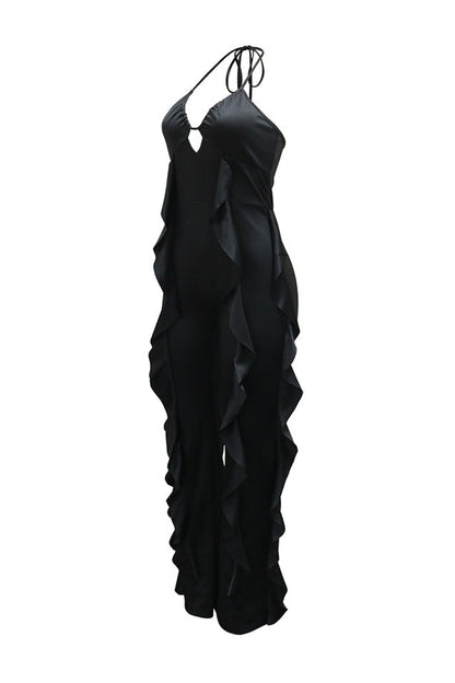 Ruffle-Trim Halter Wide-Leg Jumpsuit