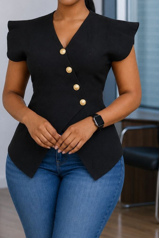 Asymmetrical Button-Front Flutter Sleeve Peplum Top