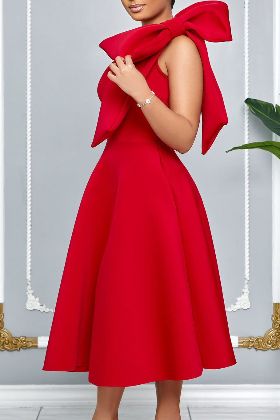 Single Shoulder Bow Detail Flare Midi Dress
