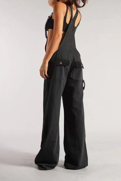 Vintage Wash Wide Leg Denim Overalls