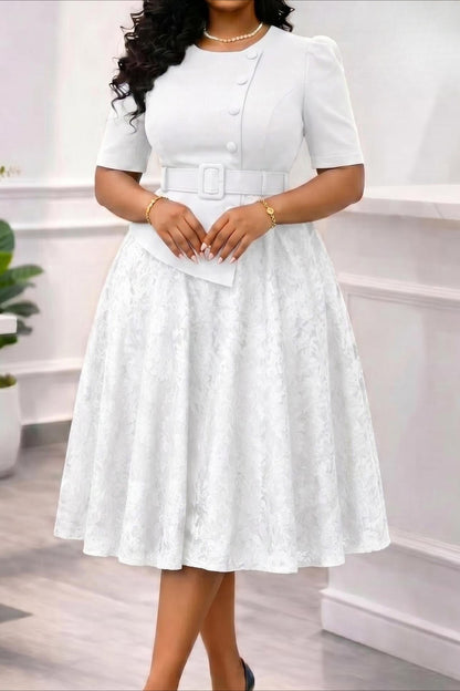 Asymmetrical Button Belted Lace Midi Dress