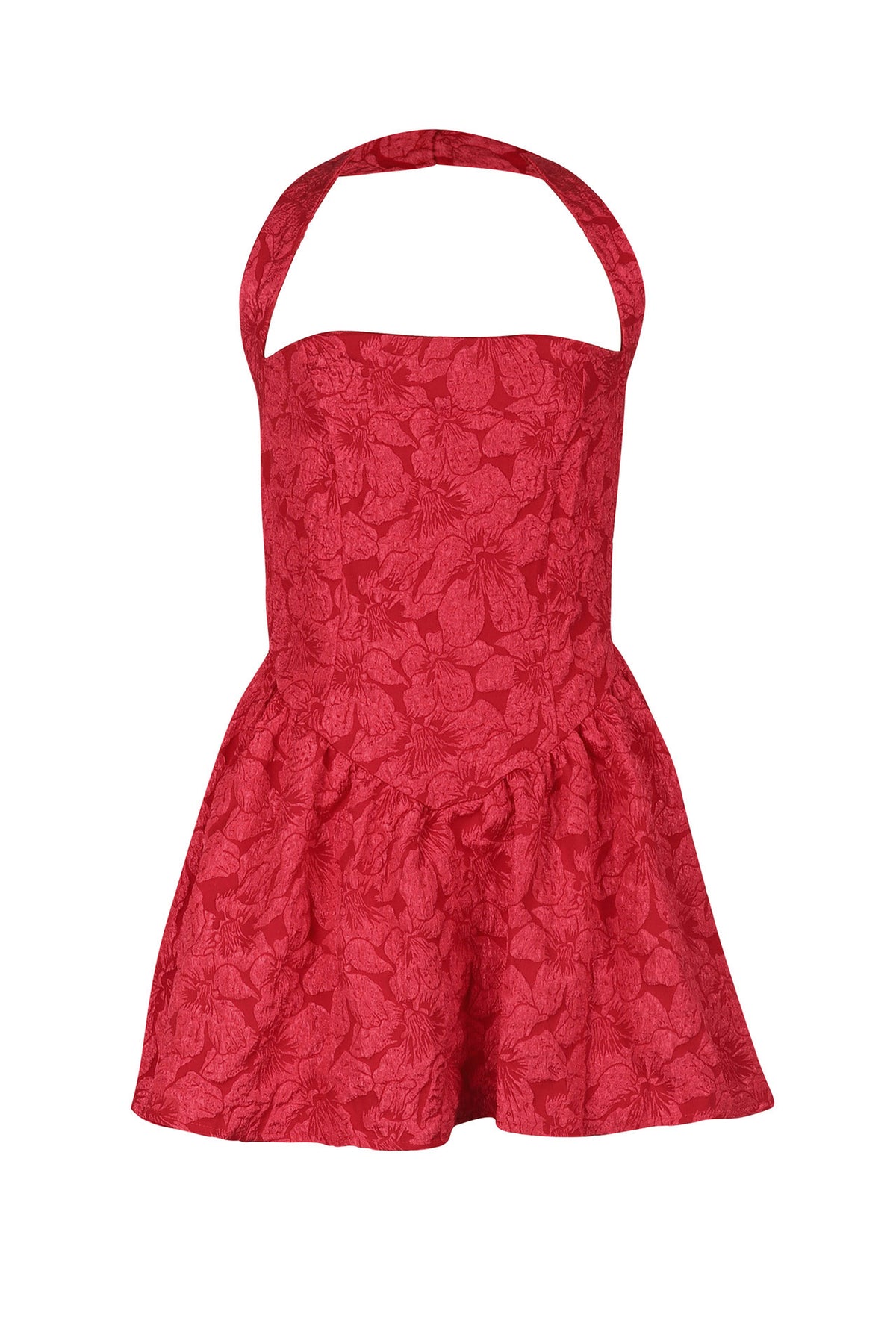 Halter Jacquard Floral Embroidery Ruffle Dress
