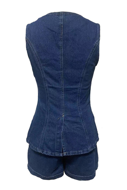 Denim Button-Up Vest & Shorts Set