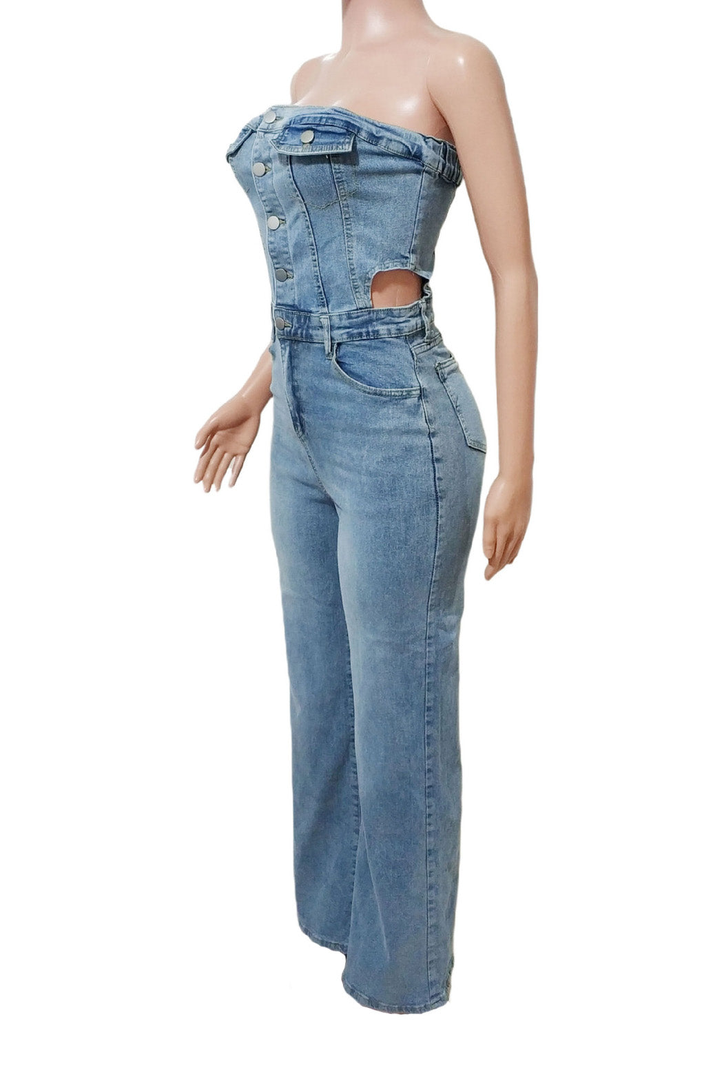 Strapless Slim Top Wide-Leg Denim Jumpsuit