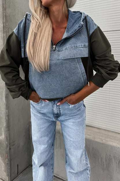 Loose Wash Denim Patchwork Hoodie