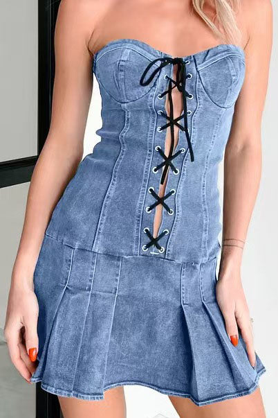 Pleated Lace-Up Mini Dress