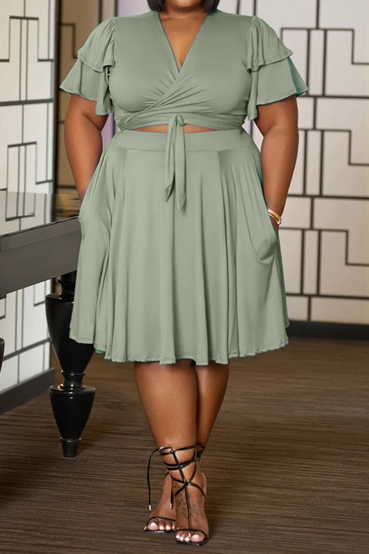 Plus Size Ruffle Tie Front Skirt Set