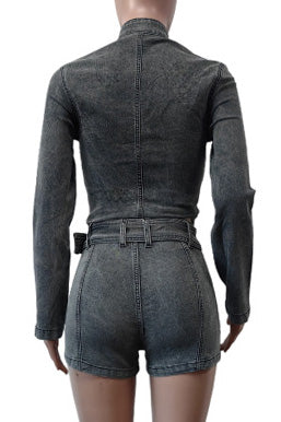 Washed Denim Zip Up Top & Shorts Set