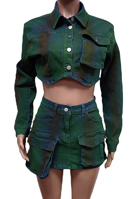 Cropped Denim Jacket and Cargo Skirt Set