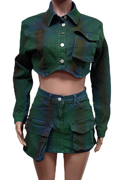 Cropped Denim Jacket and Cargo Skirt Set