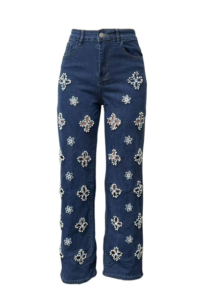 Pearl Embellished Floral Cutout Jeans