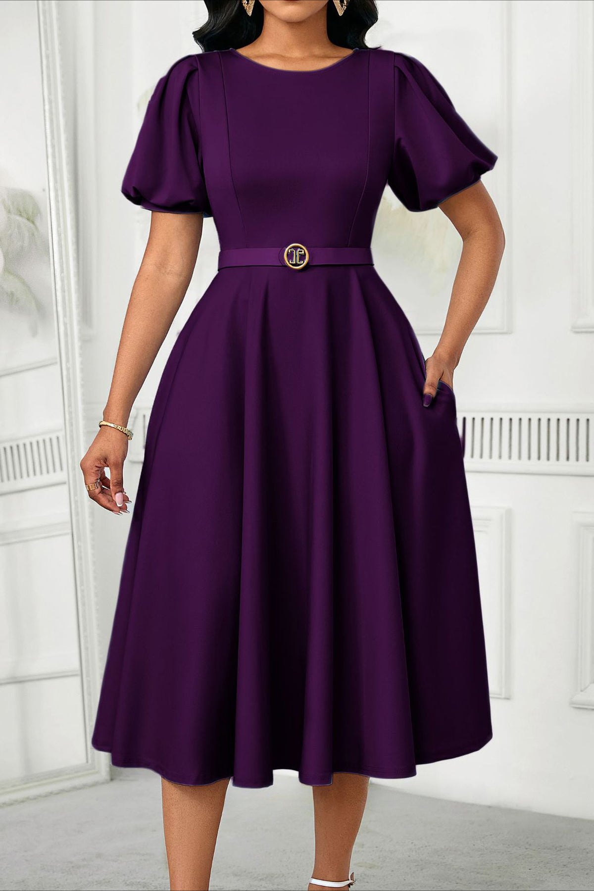 Puff Sleeve High Waist Solid Round Neck Dress