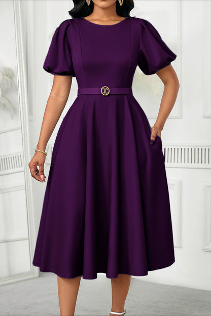 Puff Sleeve High Waist Solid Round Neck Dress