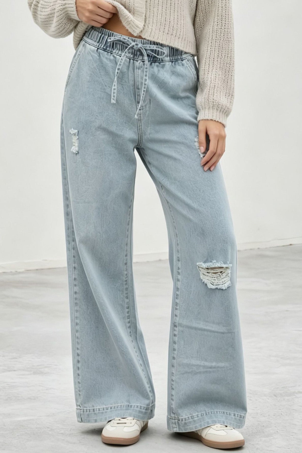 Elastic Waist Non-Stretch Ripped Wide Leg Jeans