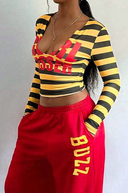 Striped Graphic V-Neck Long-Sleeve Crop Top