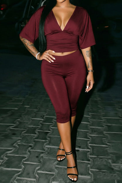 Ruched V-Neck Top & Bodycon Capri Set
