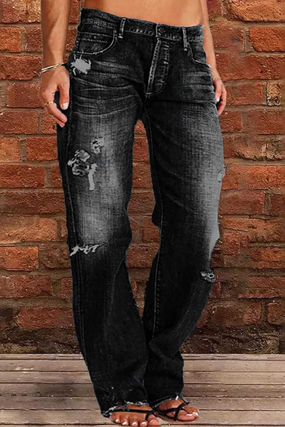 Distressed Mid-Rise Straight Leg Jeans