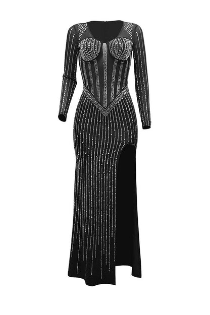Rhinestone Mesh High Slit Maxi Dress