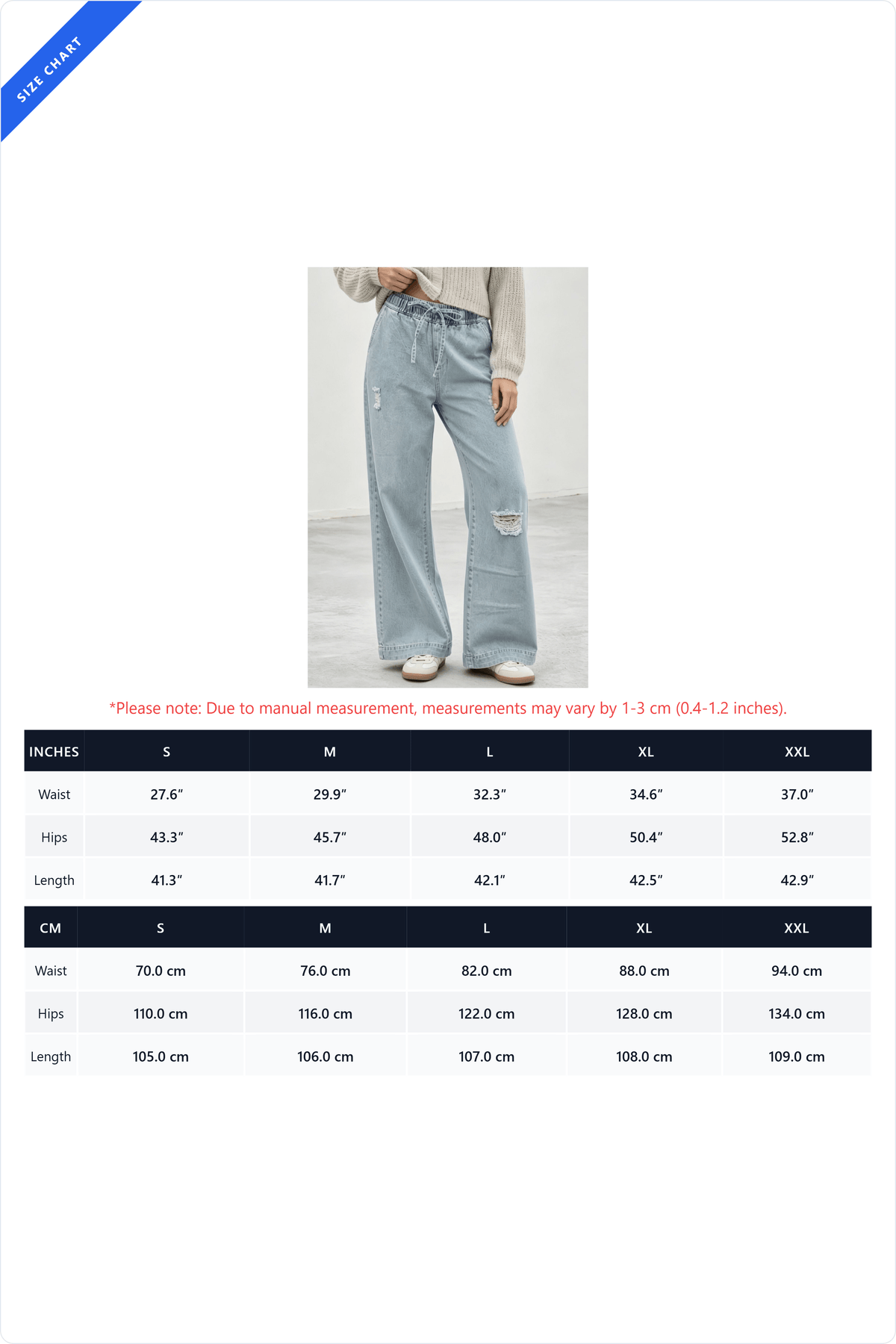Elastic Waist Non-Stretch Ripped Wide Leg Jeans