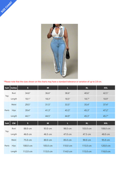 Striped Cropped Top Denim Pant Sets