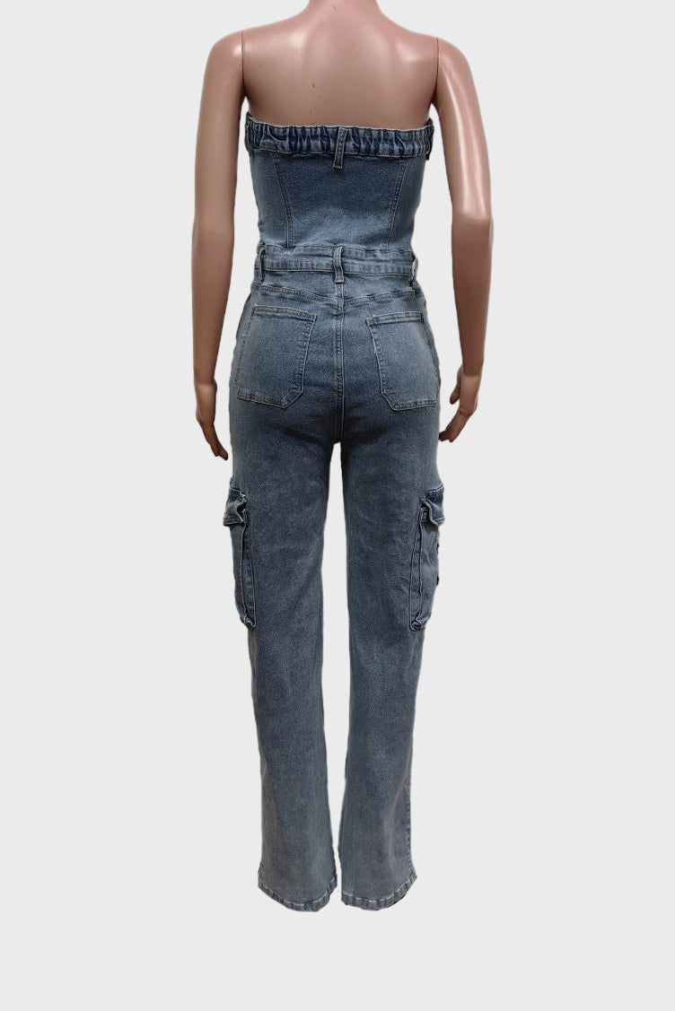 One Piece Denim Cargo Jumpsuit