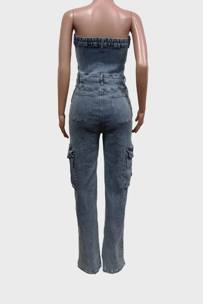 One Piece Denim Cargo Jumpsuit