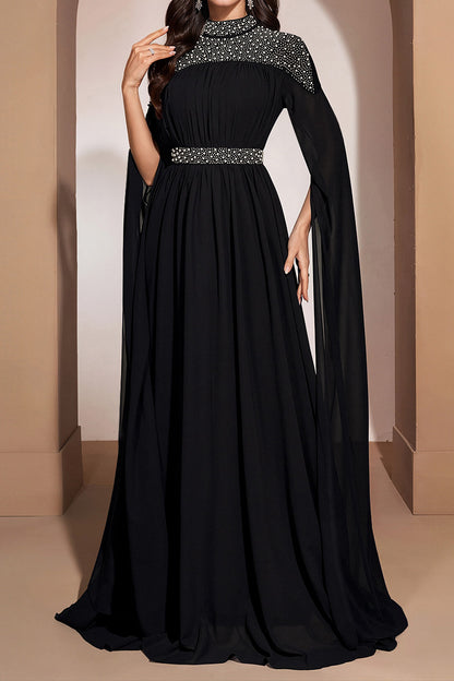 Embellished High-Neck Cape-Sleeve Maxi Dress