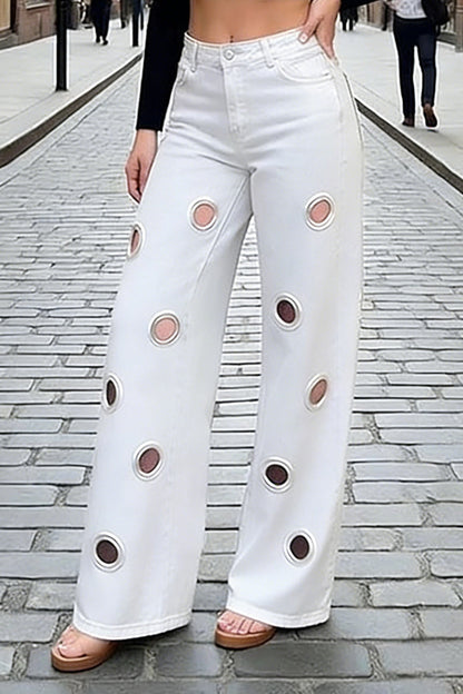 Oversized Grommet Cutout Wide Leg Jeans