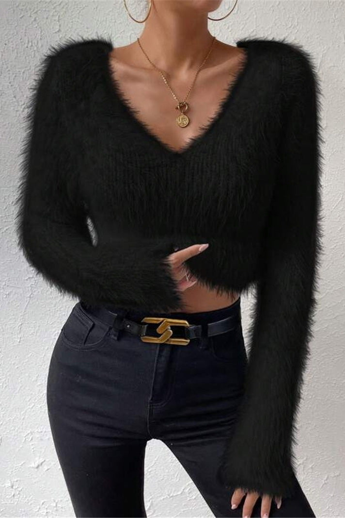 V Neck Slim Plush Short Sweater