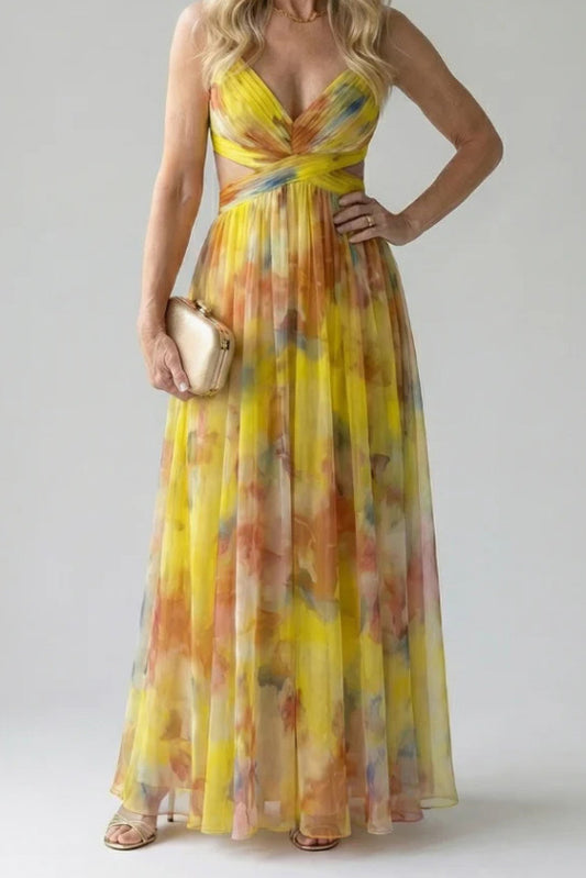 Abstract Chiffon Cutout Backless Maxi Dress