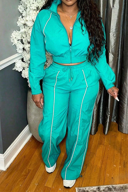 Zip-Front Piped Top & Wide-Leg Pants Set