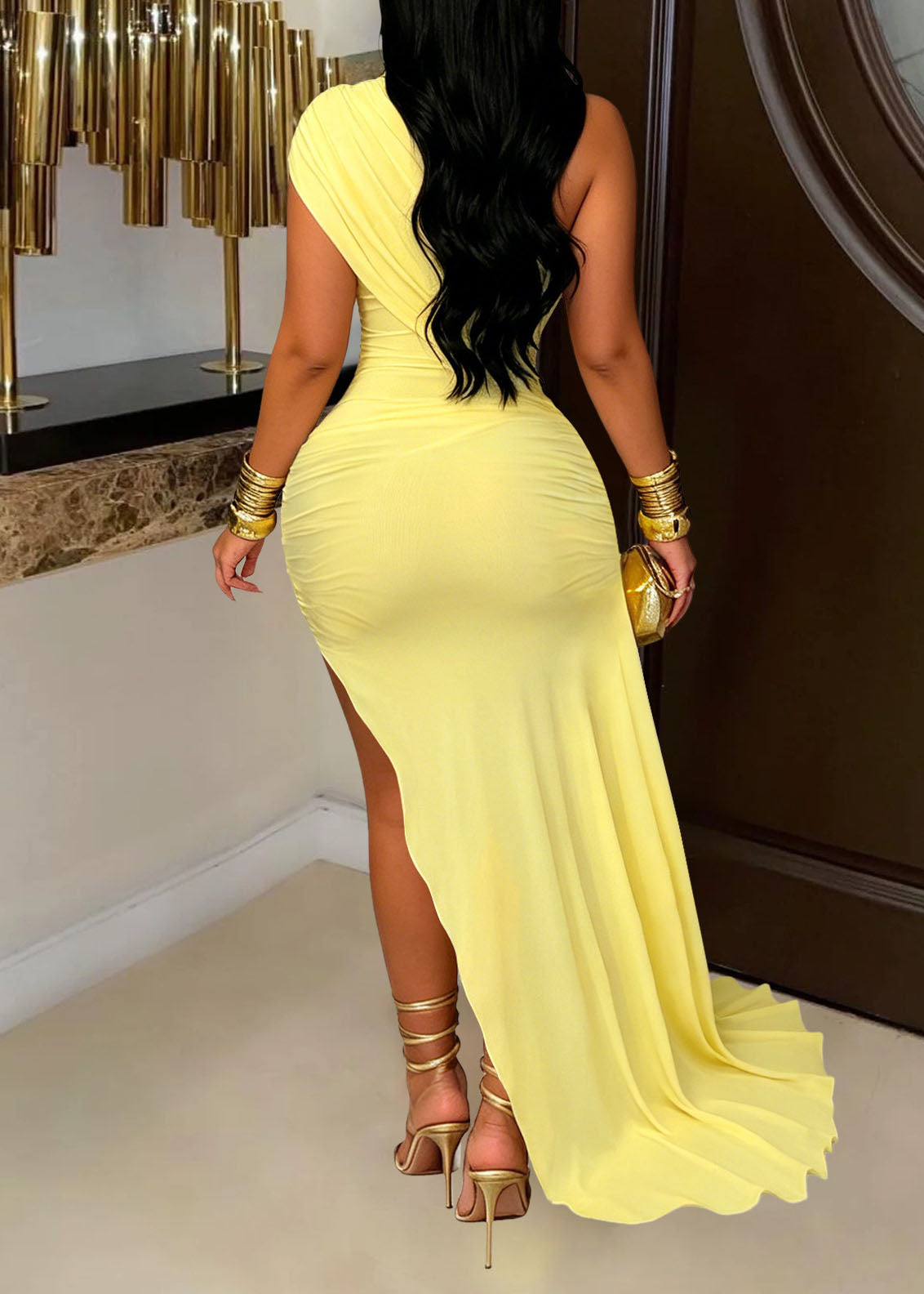 Ruched High Neck Asymmetrical Train Mini Dress