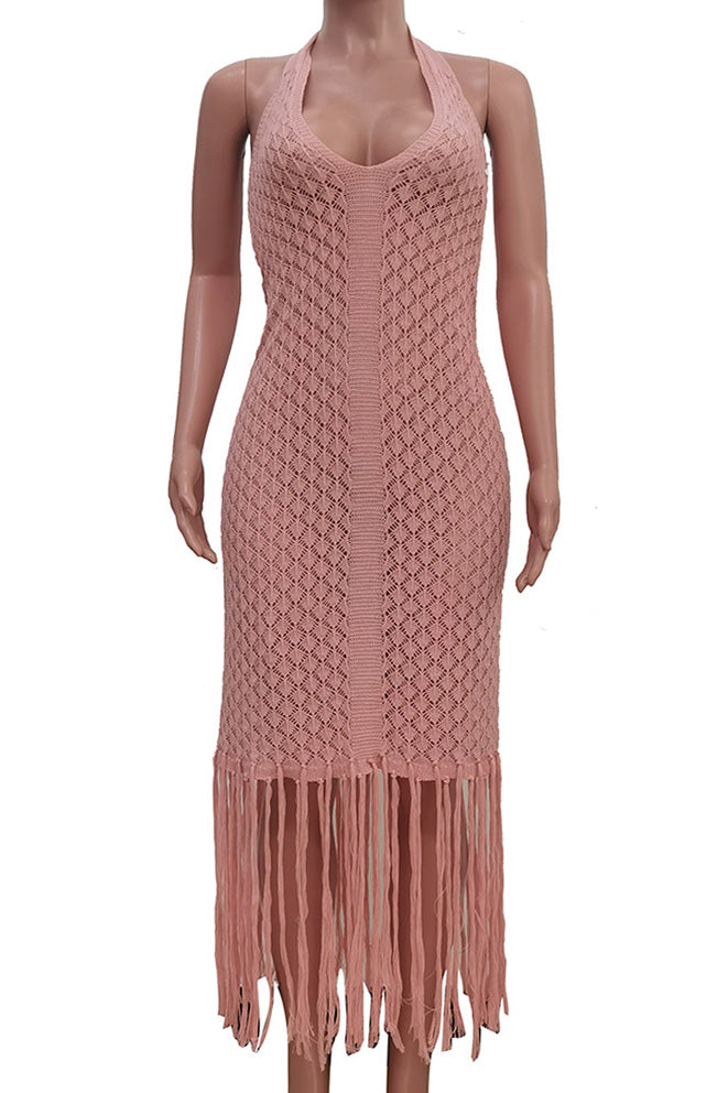 Backless Knit Fringe Beach Dress