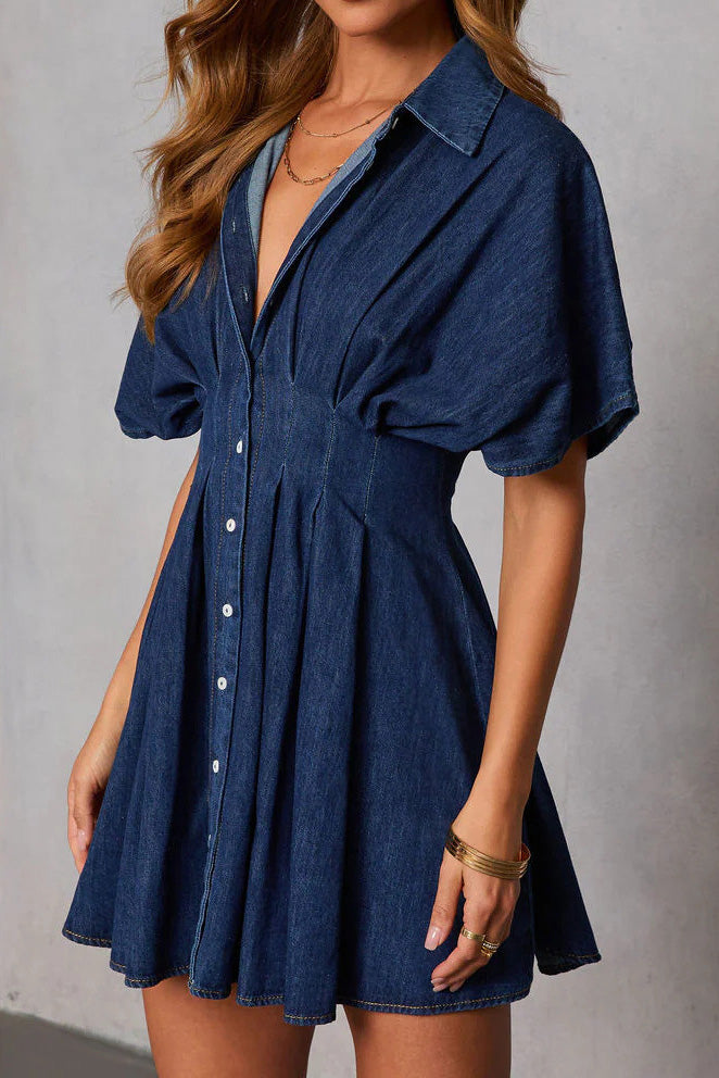 Dark Wash Pleated Waist Denim Mini Dress