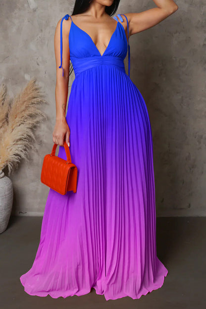 Sleeveless V-neck Pleated Maxi Dress