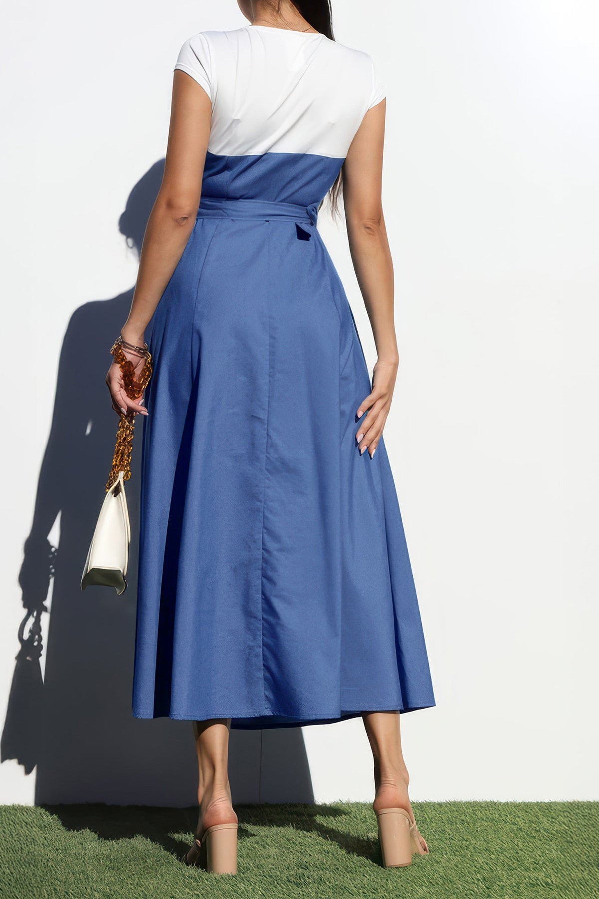 Elegant Denim Patchwork Pocket A-Line Dress