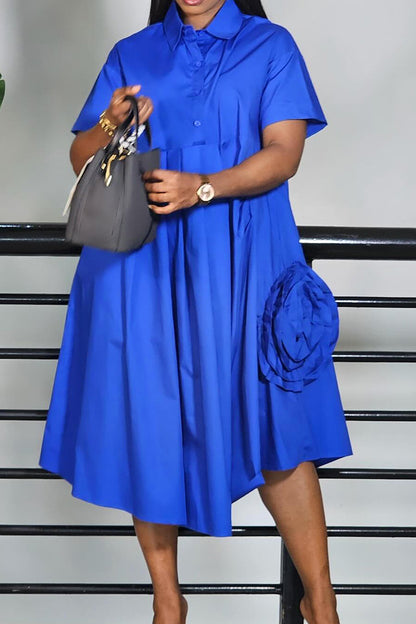 Casual Shirt Collar 3D Floral Pocket Midi Dress