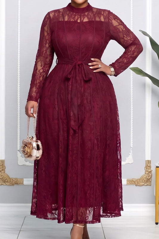 High-Neck Belted Lace Maxi Dress