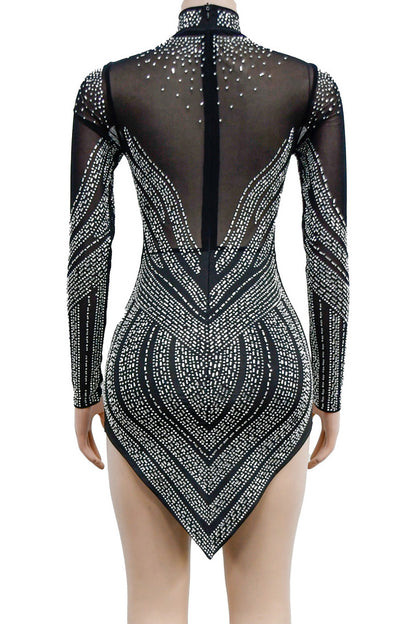 Rhinestone Embellished Sheer Mesh Mini Dress
