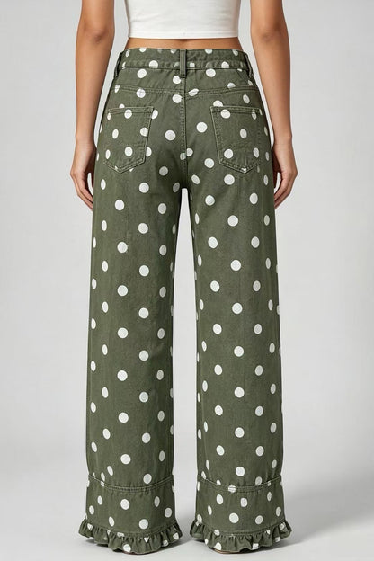 Polka Dot Wide Leg Jeans with Ruffle Hem