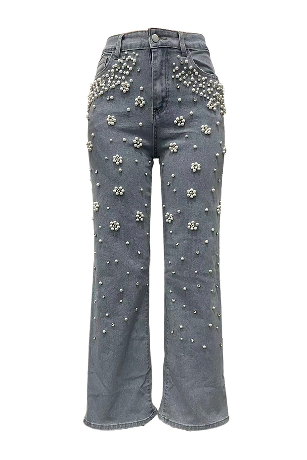 Pearl & Rhinestone Embellished Wide Leg Jeans