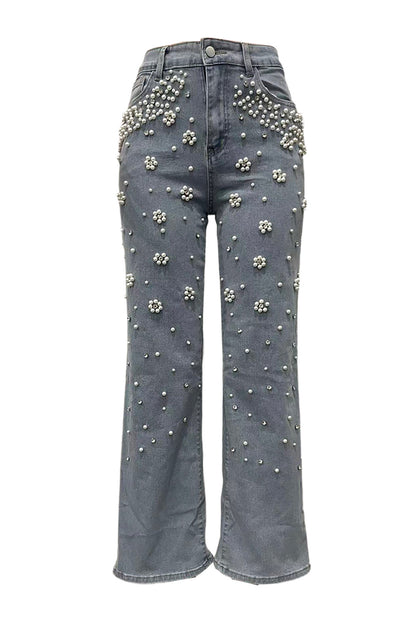 Pearl & Rhinestone Embellished Wide Leg Jeans